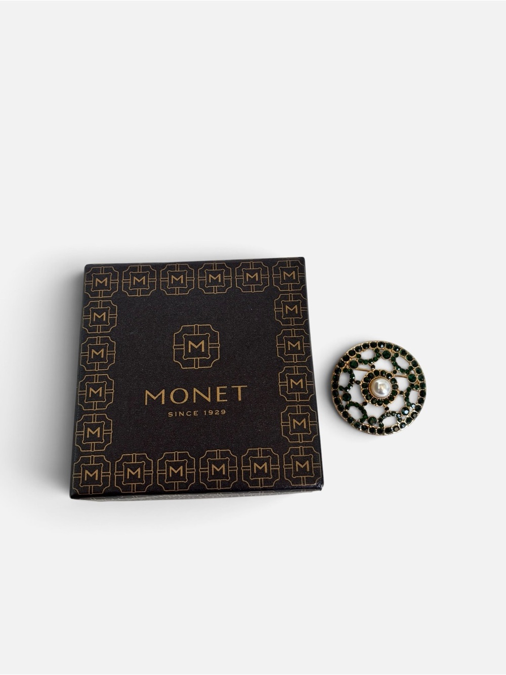 Monet Gold-Tone Filigree Brooch with Green Accents and Faux Pearl